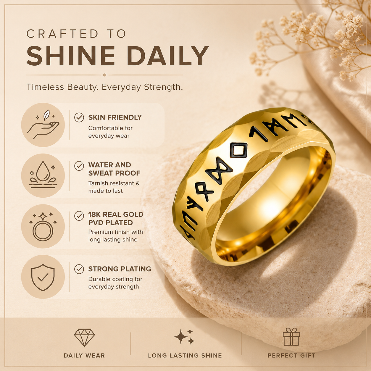 Viking Gothik Golden Ring | 18K Real Gold PVD Platedβ For Women | Includes: Ring