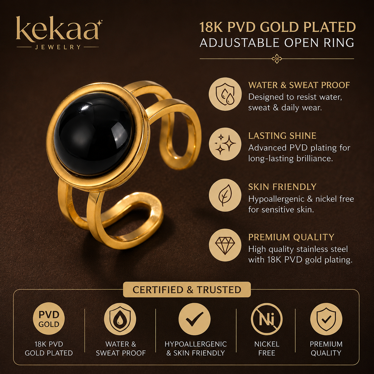 Black Onyx Stone Flexi Size Golden Ring | 18K Real Gold PVD Platedβ For Women | Includes: Ring