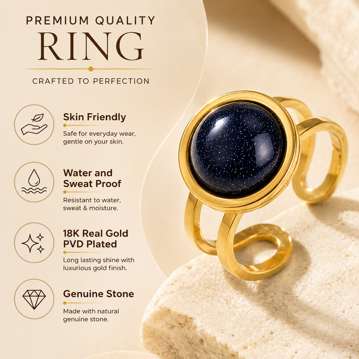 Blue Sand Stone Flexi Size Golden Ring | 18K Real Gold PVD Platedβ For Women | Includes: Ring