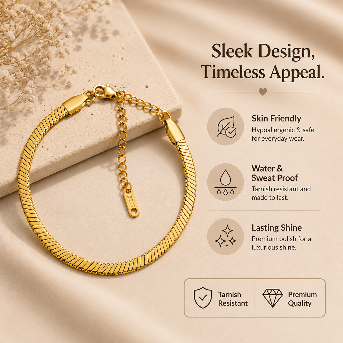 Sleek FLAT SNAKE CHAIN Bracelet | Gold-Tone - For Women | Includes: Bracelet