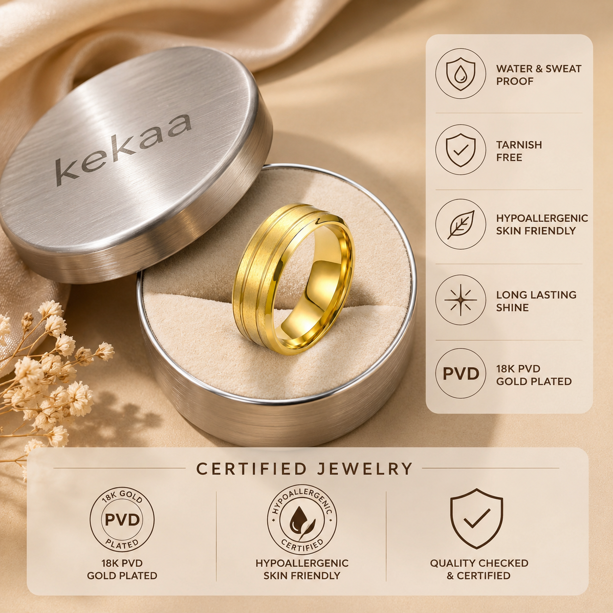 Dual Line Classic Golden Ring | 18K Real Gold PVD Platedβ For Women | Includes: Ring