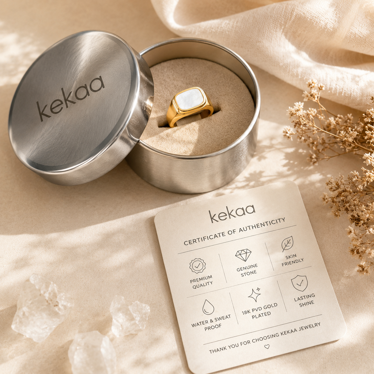 Natural Shell Titanium Golden Ring | 18K Real Gold PVD Plated– For Women | Includes: Ring
