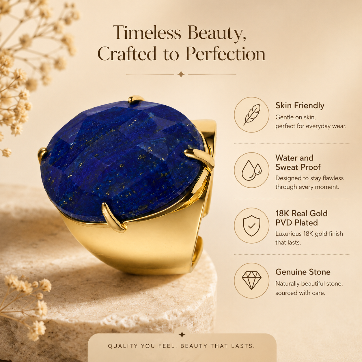 Natural Lapis Lazuli Faceted Stone Golden Flexi Size Ring | 18K Real Gold PVD Plated– For Women | Includes: Ring