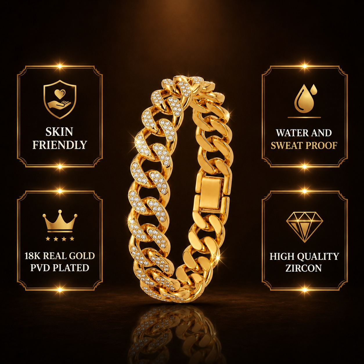 Ultra Classy Real Golden Cuban Zircon Standard Size Bracelet | 18K PVD Gold Plated- For Men | Includes: Bracelet