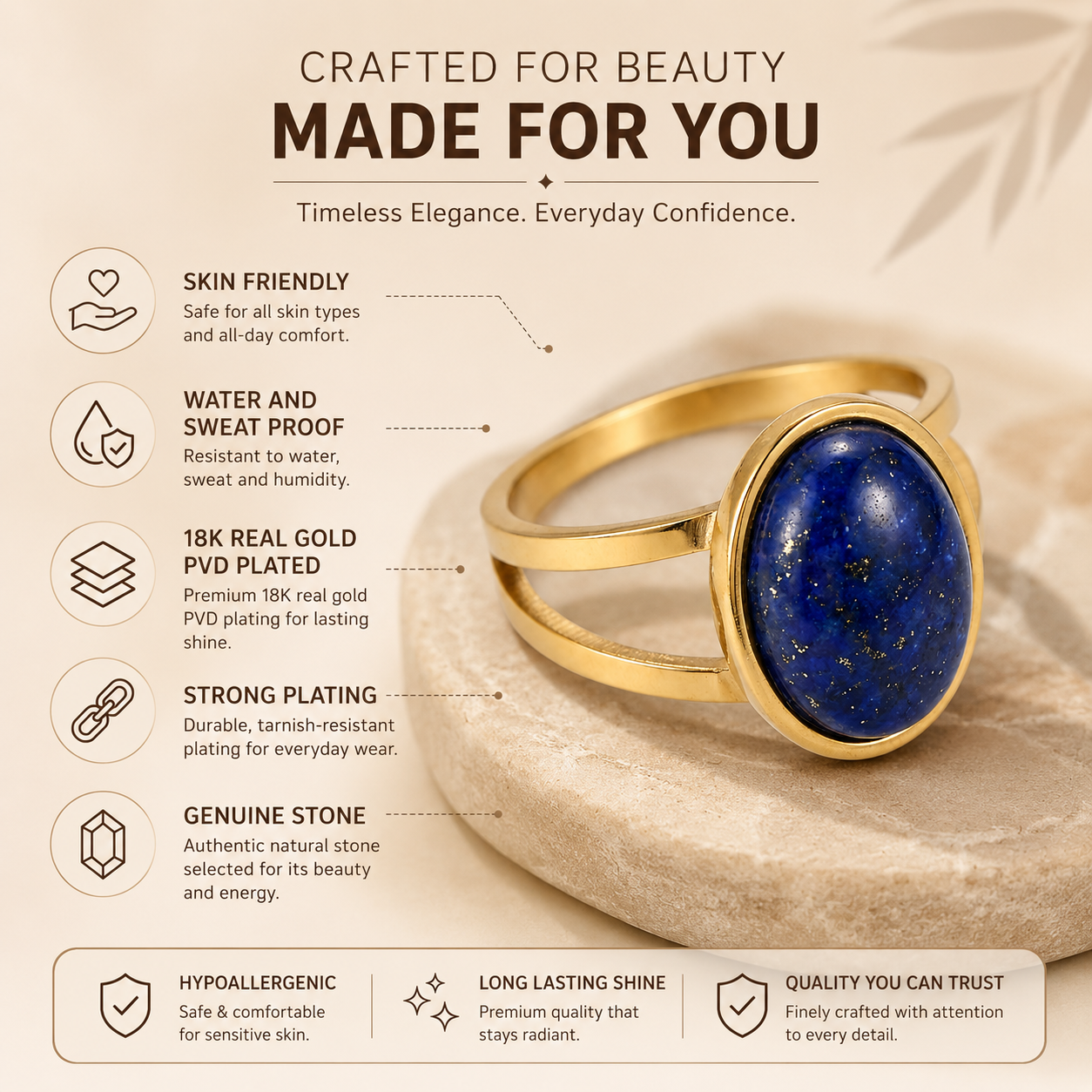 Lapis Lazuli Stone Golden Dual Band Oval Ring | 18K Real Gold PVD Plated– For Women | Includes: Ring