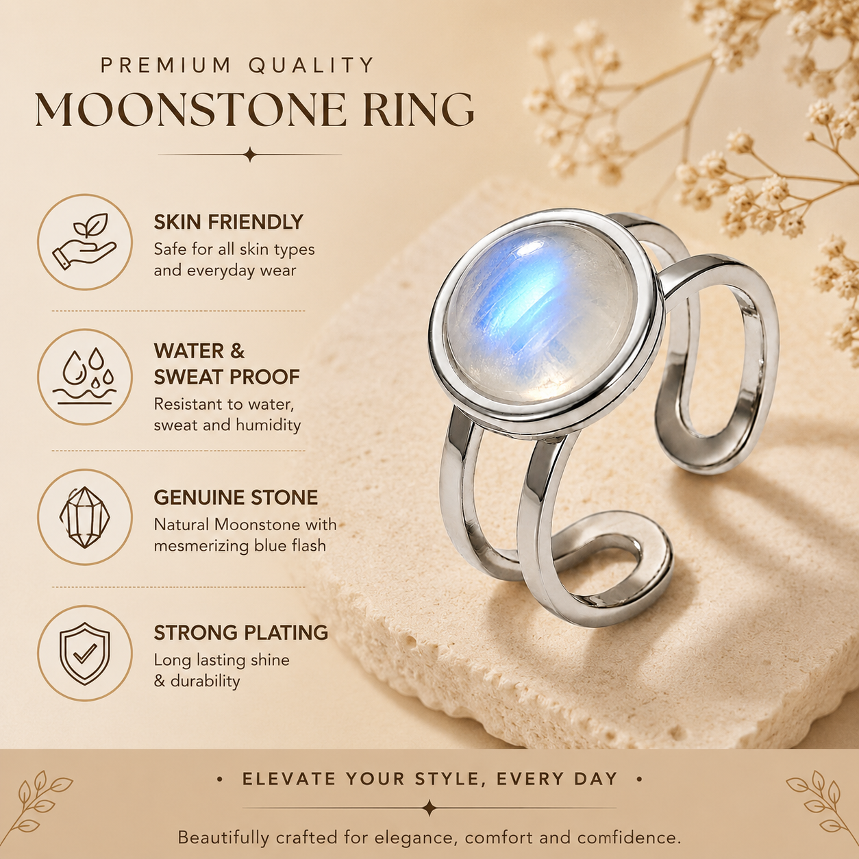Adjustable Ring with White Quartz Stone| Silver Plated -For Women | Includes: Ring