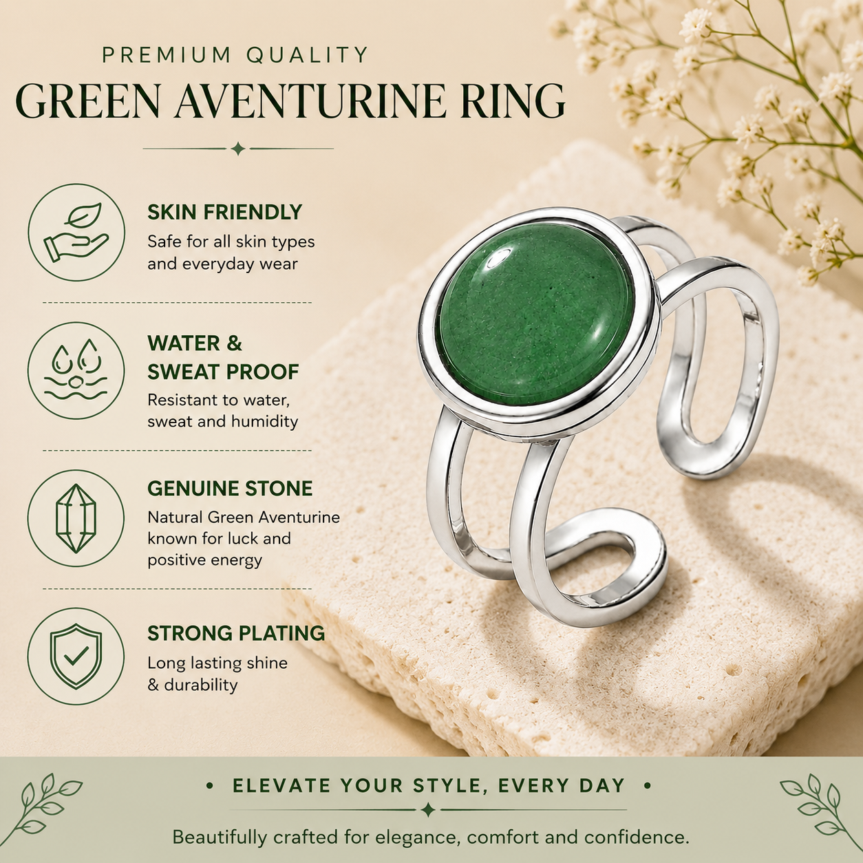 Adjustable Ring with Green Aventurine Stone| Silver Plated -For Women | Includes: Ring