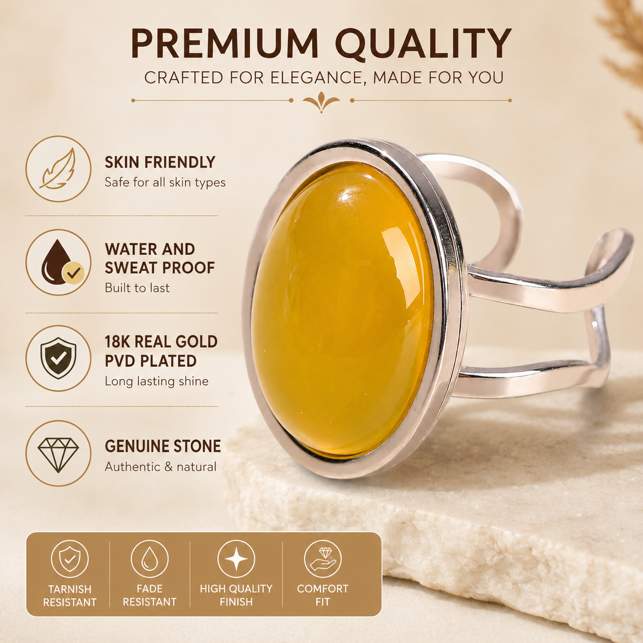 Real Yellow Calcite Oval Stone Ring | Fadeproof STEEL– For Women | Includes: Ring