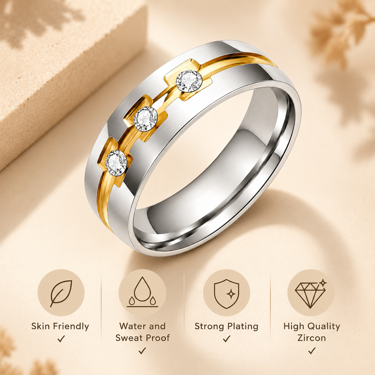 Multi Zircon Titanium Steel Ring | 18K Real Gold PVD Plated– For Women | Includes: Ring