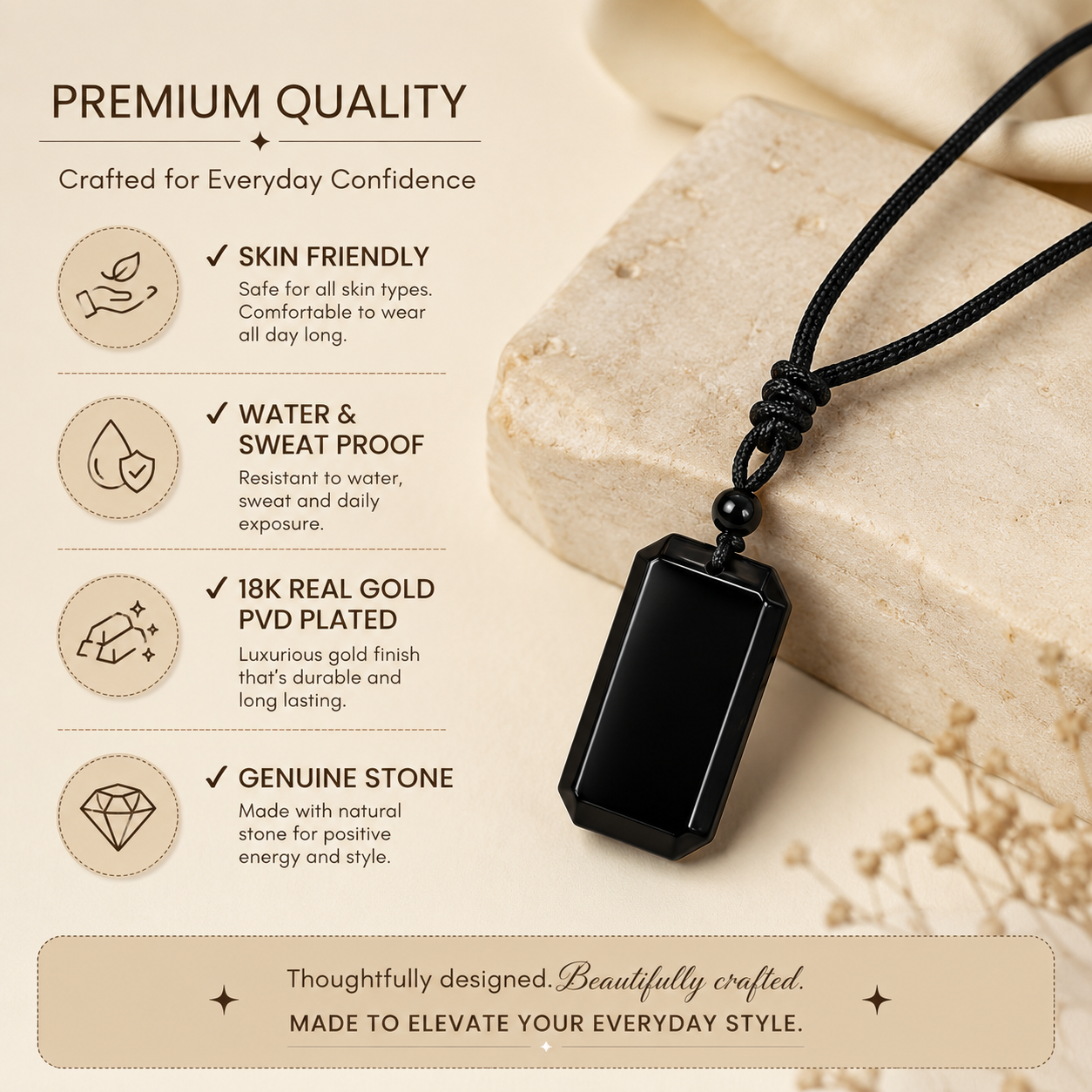 BOLD GenZ Real Black Onyx Stone Necklace | Natural Stone- For Men| Includes: Necklace
