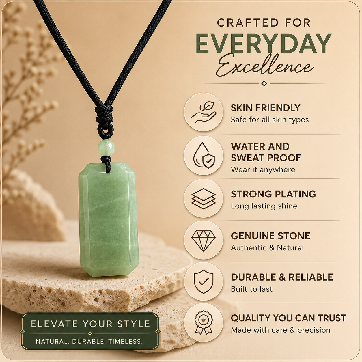 BOLD GenZ Real Green Jade Stone Necklace | Natural Stone- For Men| Includes: Necklace