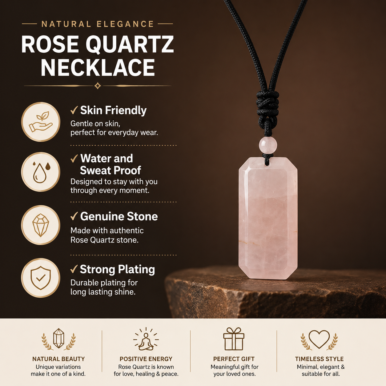 BOLD GenZ Real Rose Quartz Stone Necklace | Natural Stone- For Men| Includes: Necklace
