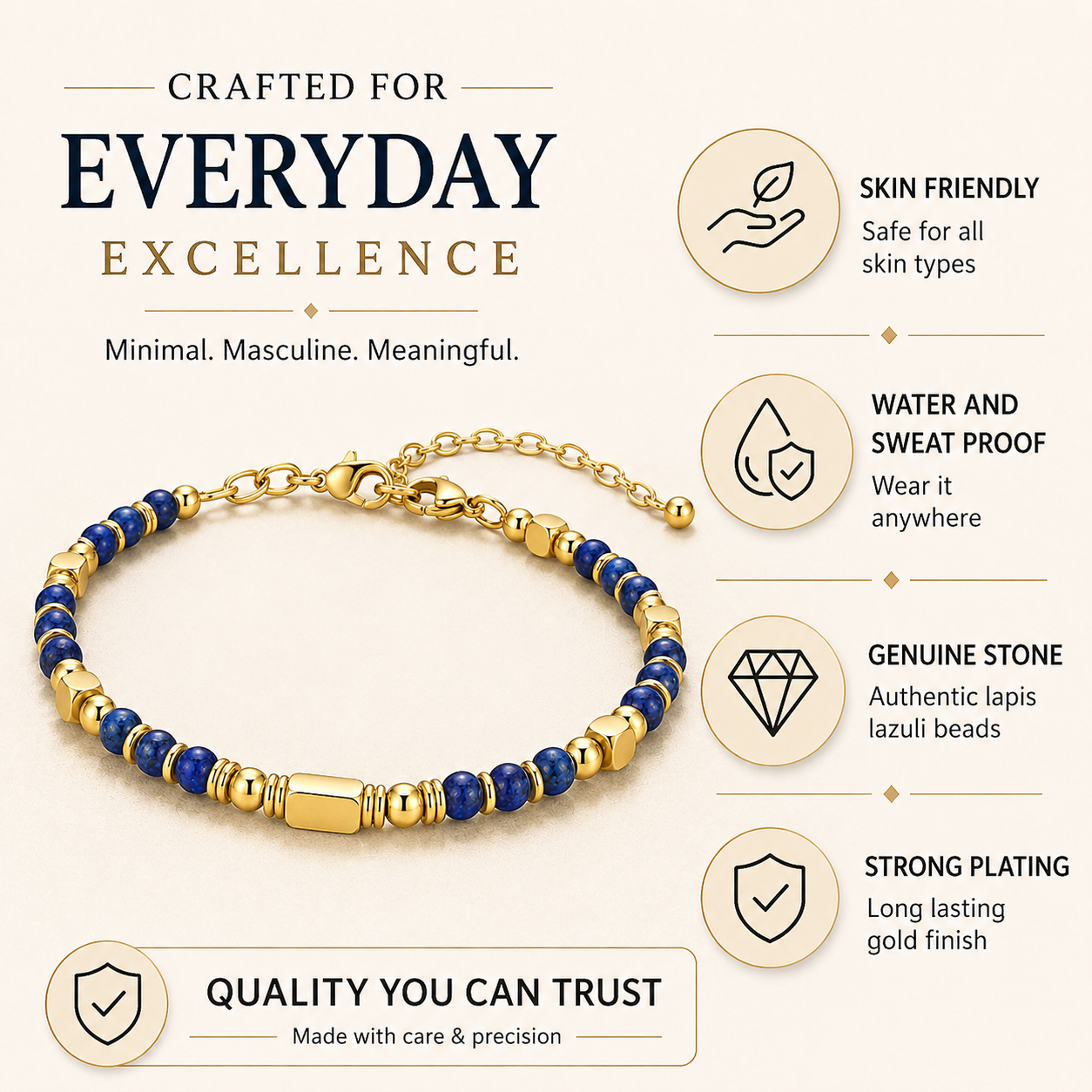 Ultra Rich Lapis Lazuli Stone Flexi Bracelet | 18K PVD Gold Plated- For Men | Includes: Bracelet