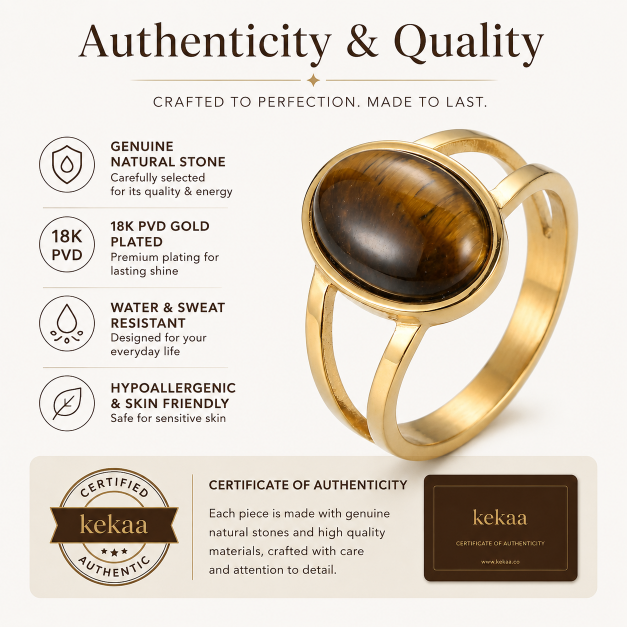 Cat's Eye Stone Golden Dual Band Oval Ring | 18K Real Gold PVD Plated– For Women | Includes: Ring