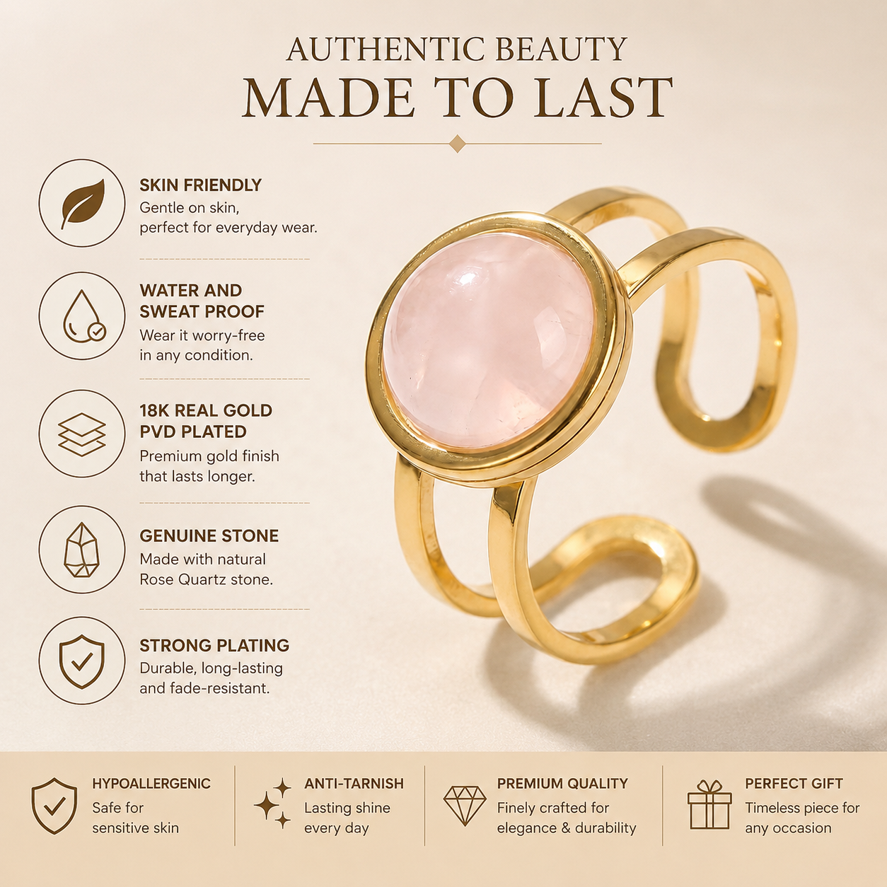 Rose Quartz Real Stone Flexi Size Golden Ring | 18K Real Gold PVD Plated– For Women | Includes: Ring