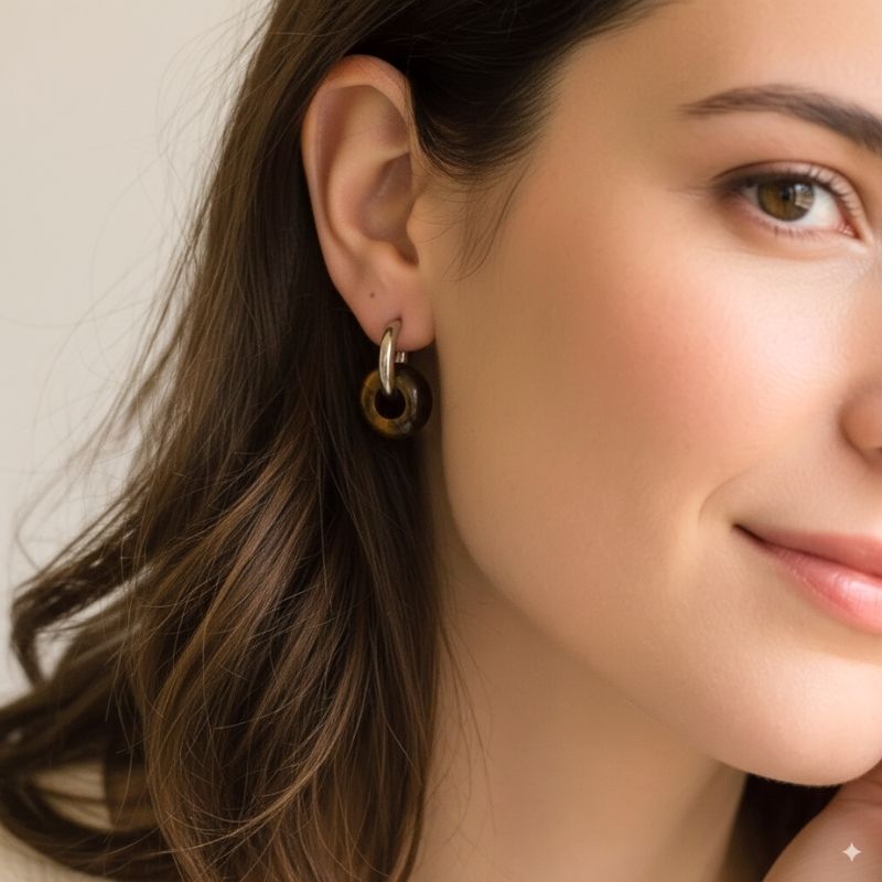 Fierce Elegance Hoop Earrings | Tiger Eye Stone & Silver PVD Plated - For Women | Includes: Earrings