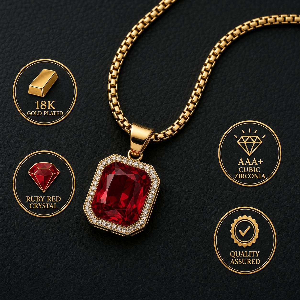 Ultra BOLD Posh RED Zircon Golden Necklace | 18K PVD REAL Gold Plated- For Men| Includes: Necklace