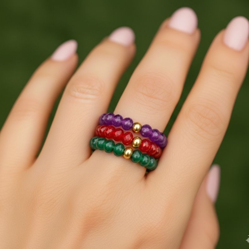 Flexi Modern Rings | Red, Green & Purple Gemstones - For Women | Includes: Rings (Set of 3)