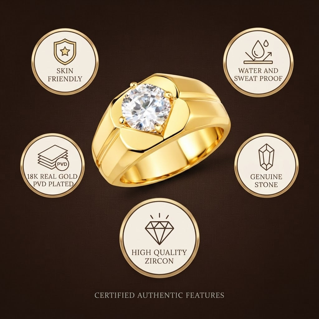 Regular Desiner Solitire Clear Zircon Ring | 18K Real Gold PVD Plated– For Men | Includes: Ring
