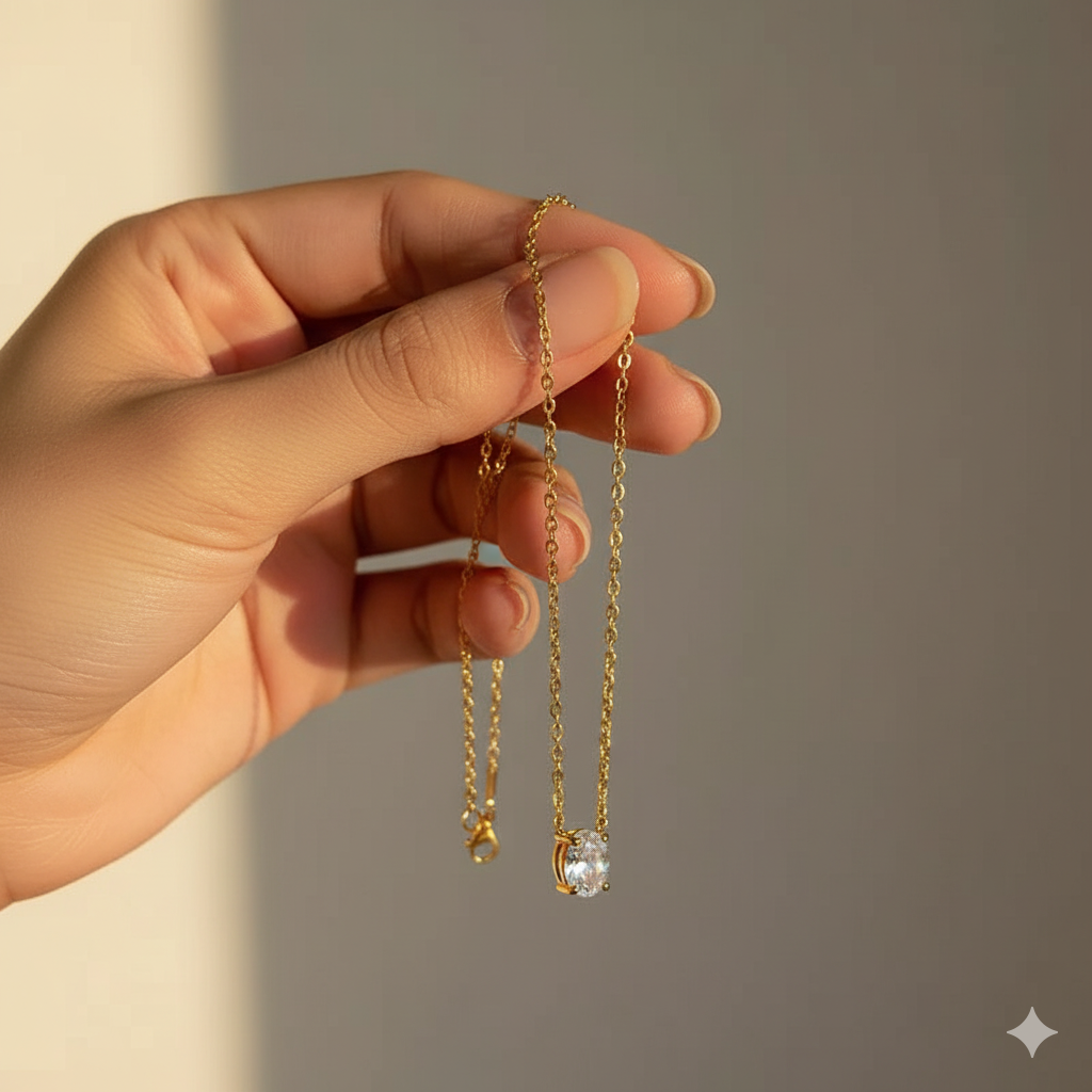 Oval Zircon Dainty Necklace | 18K PVD Gold Plated - For Women | Includes: Necklace