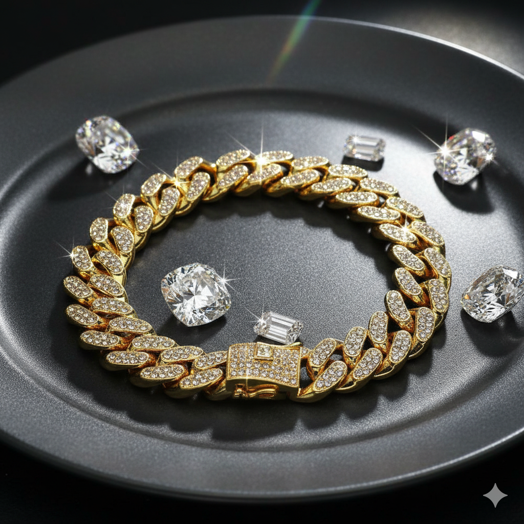 Golden Cuban Zircon Bracelet | Cubic Zirconia - For Men | Includes: Bracelet