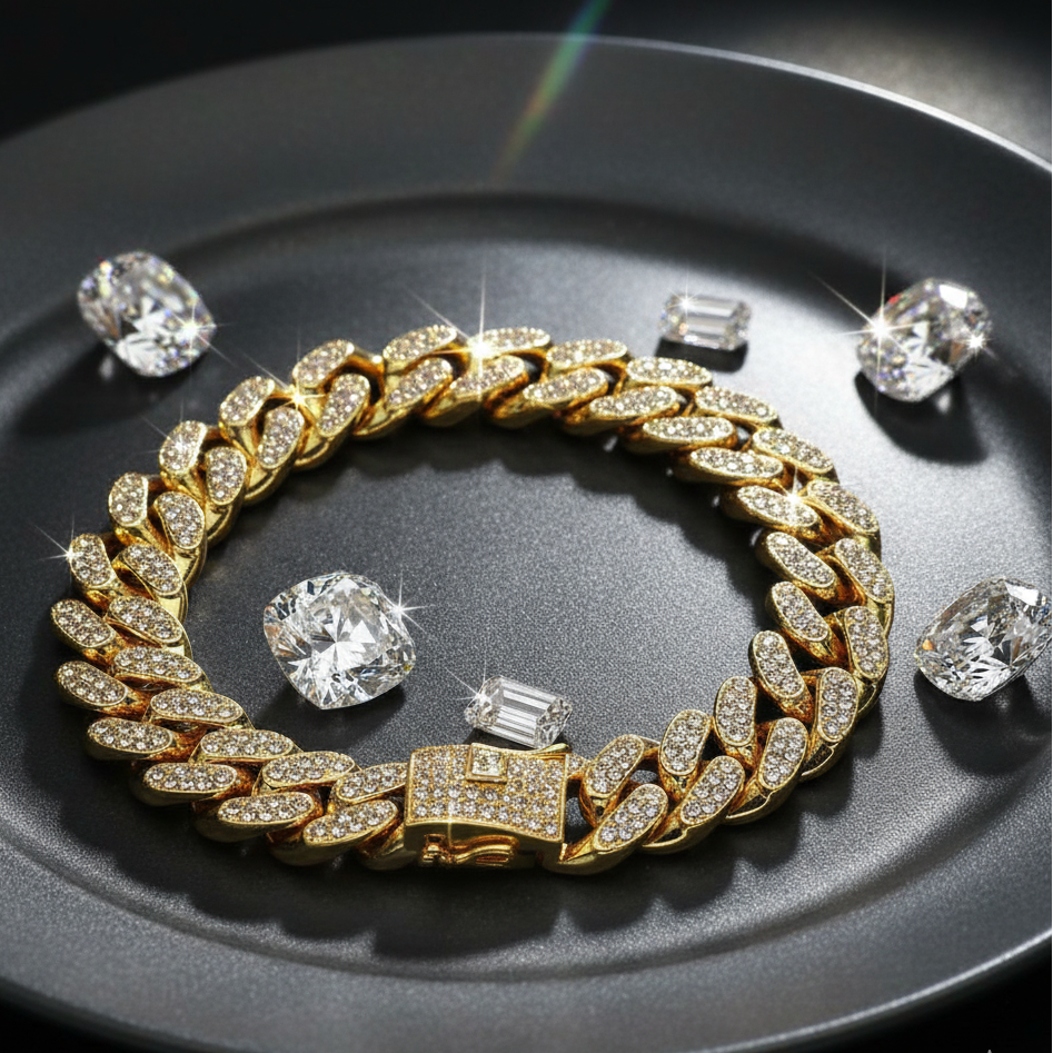 Golden Cuban Zircon Bracelet (Alloy) | Cubic Zirconia - For Men | Includes: Bracelet