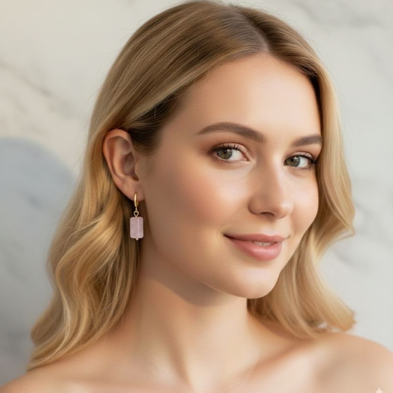 Golden Blush Earrings | Rose Quartz & 18K PVD Gold Plated - For Women | Includes: Earrings