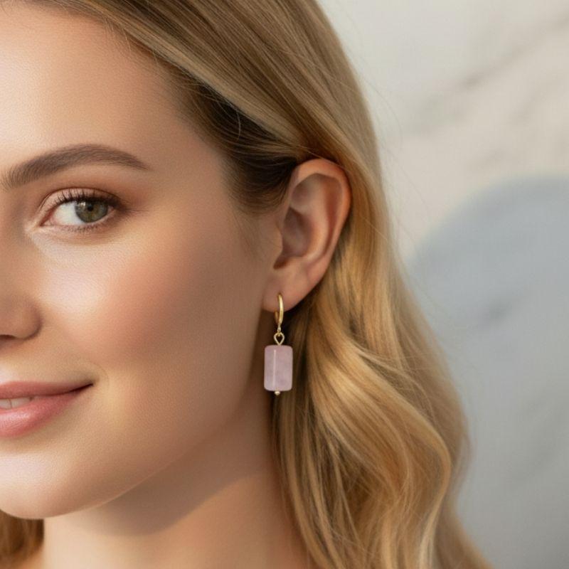 Golden Blush Earrings | Rose Quartz & 18K PVD Gold Plated - For Women | Includes: Earrings
