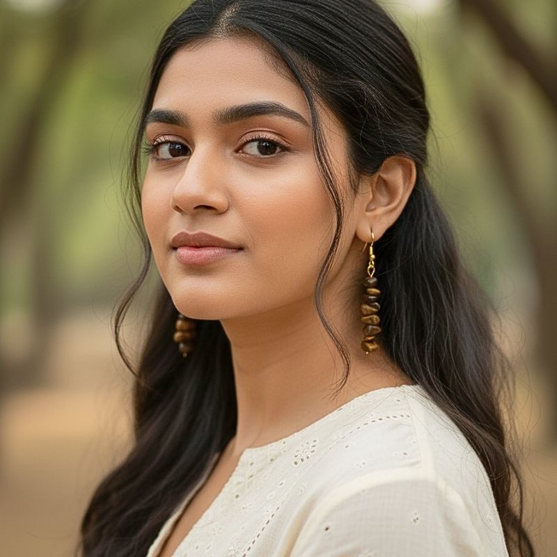 Golden Strength Earrings | 18K PVD Gold Plated & Tiger Eye Chip - For Women | Includes: Earrings