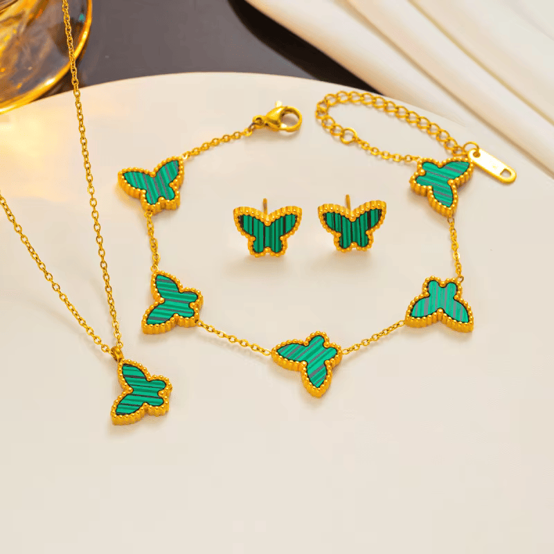 Elegant Butterfly Set | PVD 18K Gold Plated, Water Proof - For Women | Includes: Necklace, Bracelet, Earrings