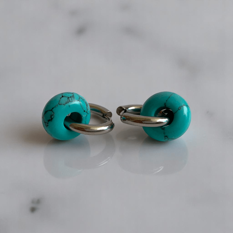 Turquoise Breeze Hoop Earrings | Turquoise Stone & Silver PVD Plated - For Women | Includes: Earrings