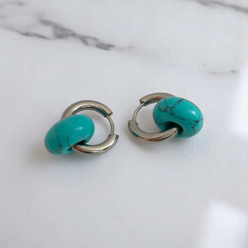 Turquoise Breeze Hoop Earrings | Turquoise Stone & Silver PVD Plated - For Women | Includes: Earrings