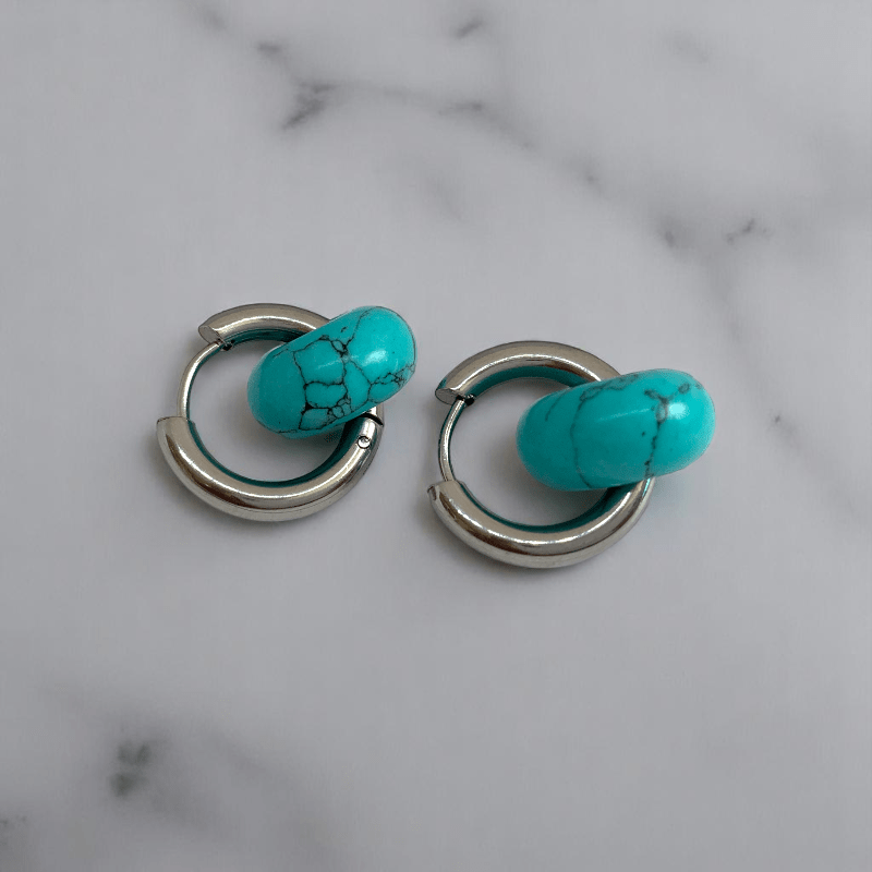 Turquoise Breeze Hoop Earrings | Turquoise Stone & Silver PVD Plated - For Women | Includes: Earrings