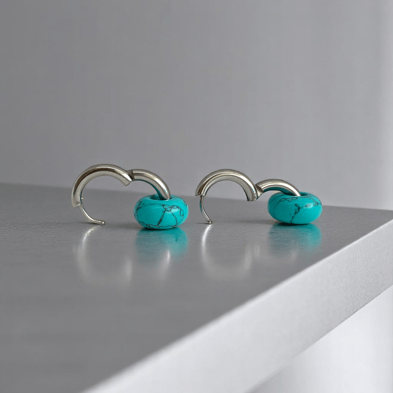 Turquoise Breeze Hoop Earrings | Turquoise Stone & Silver PVD Plated - For Women | Includes: Earrings