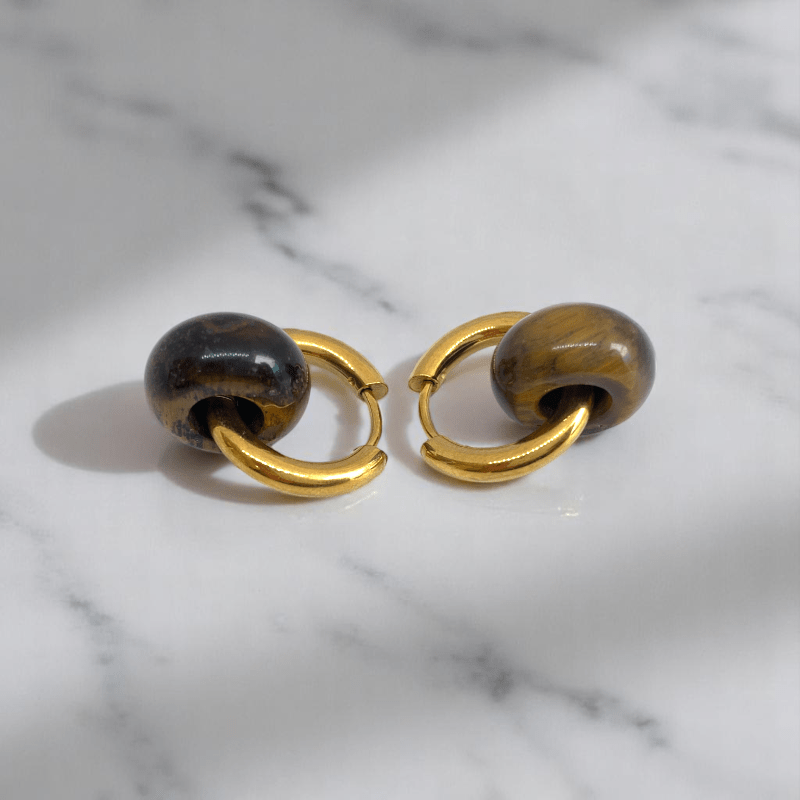 Radiant Strength Hoop Earrings | Tiger Eye Stone & 18K PVD Gold Plated - For Women | Includes: Earrings