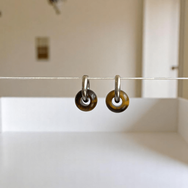 Fierce Elegance Hoop Earrings | Tiger Eye Stone & Silver PVD Plated - For Women | Includes: Earrings