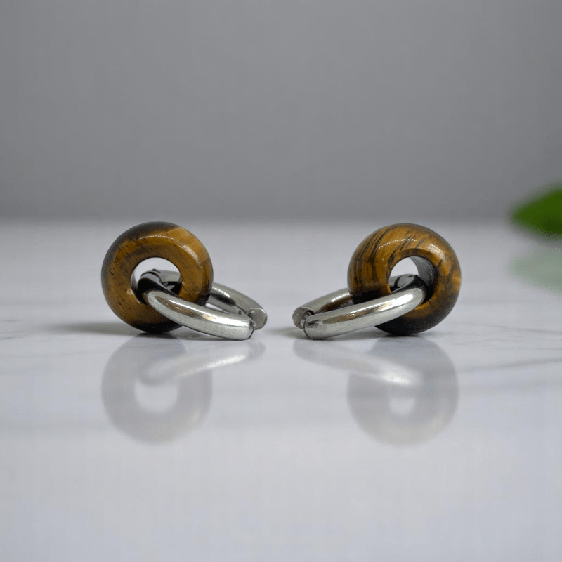 Fierce Elegance Hoop Earrings | Tiger Eye Stone & Silver PVD Plated - For Women | Includes: Earrings