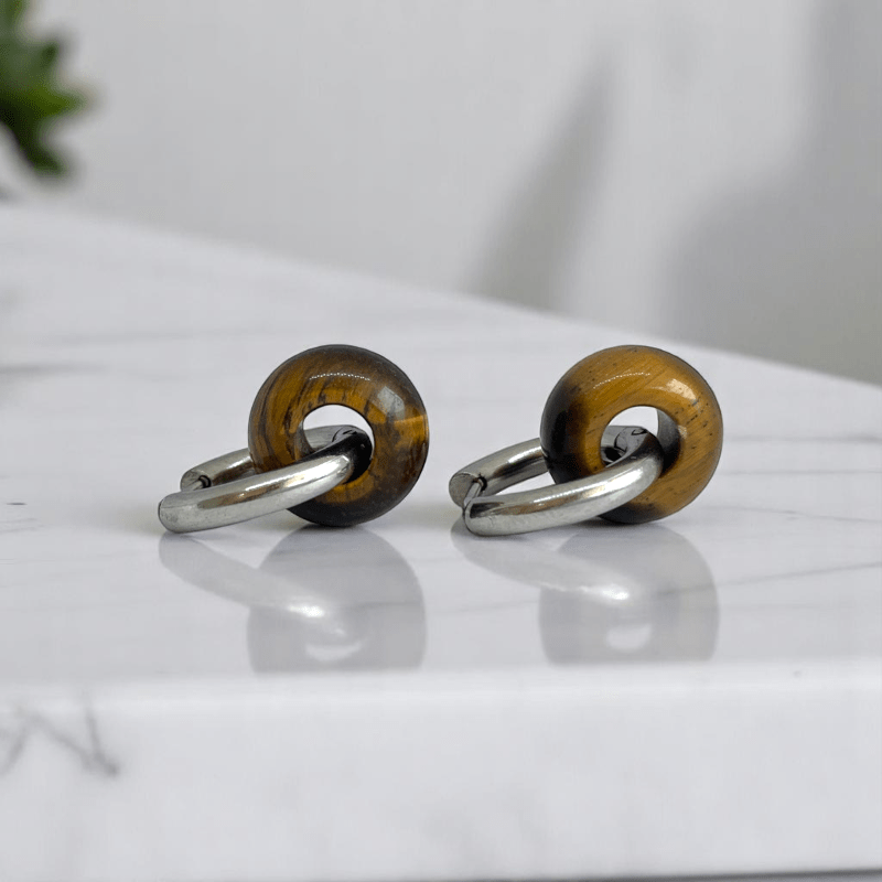 Fierce Elegance Hoop Earrings | Tiger Eye Stone & Silver PVD Plated - For Women | Includes: Earrings