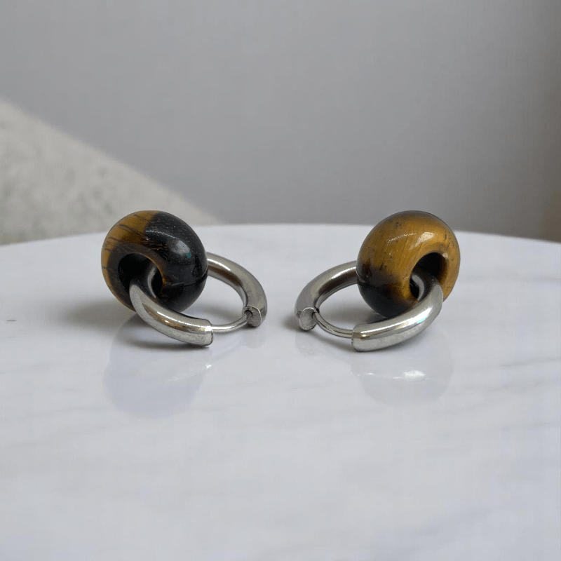 Fierce Elegance Hoop Earrings | Tiger Eye Stone & Silver PVD Plated - For Women | Includes: Earrings