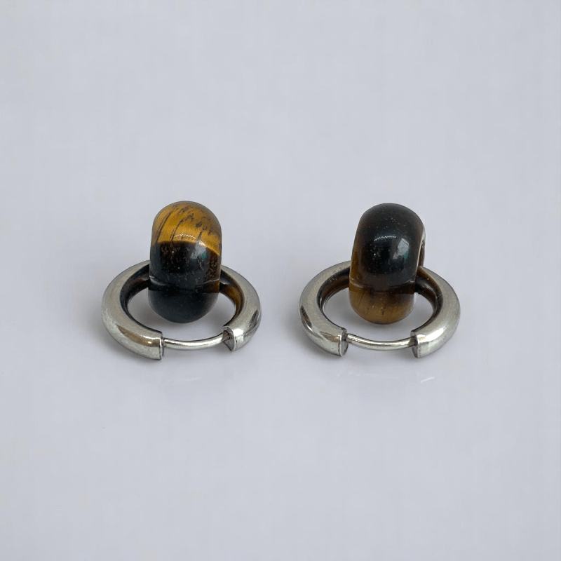 Fierce Elegance Hoop Earrings | Tiger Eye Stone & Silver PVD Plated - For Women | Includes: Earrings