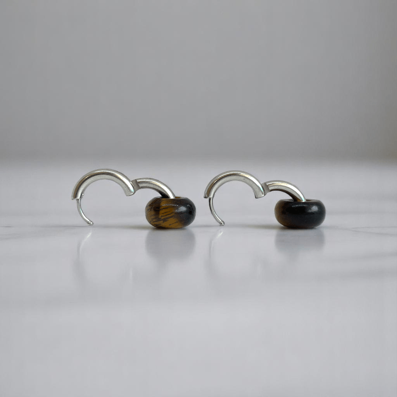 Fierce Elegance Hoop Earrings | Tiger Eye Stone & Silver PVD Plated - For Women | Includes: Earrings