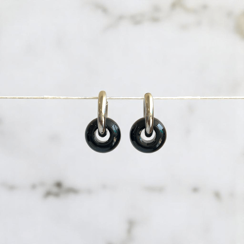 Midnight Loop Hoop Earrings | Onyx Stone & Silver PVD Plated - For Women | Includes: Earrings