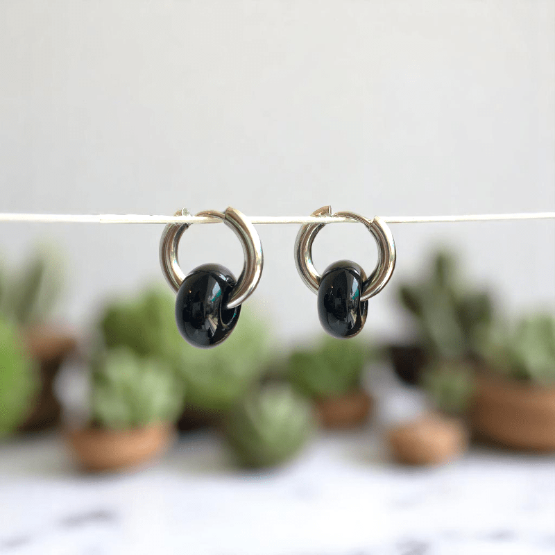 Midnight Loop Hoop Earrings | Onyx Stone & Silver PVD Plated - For Women | Includes: Earrings