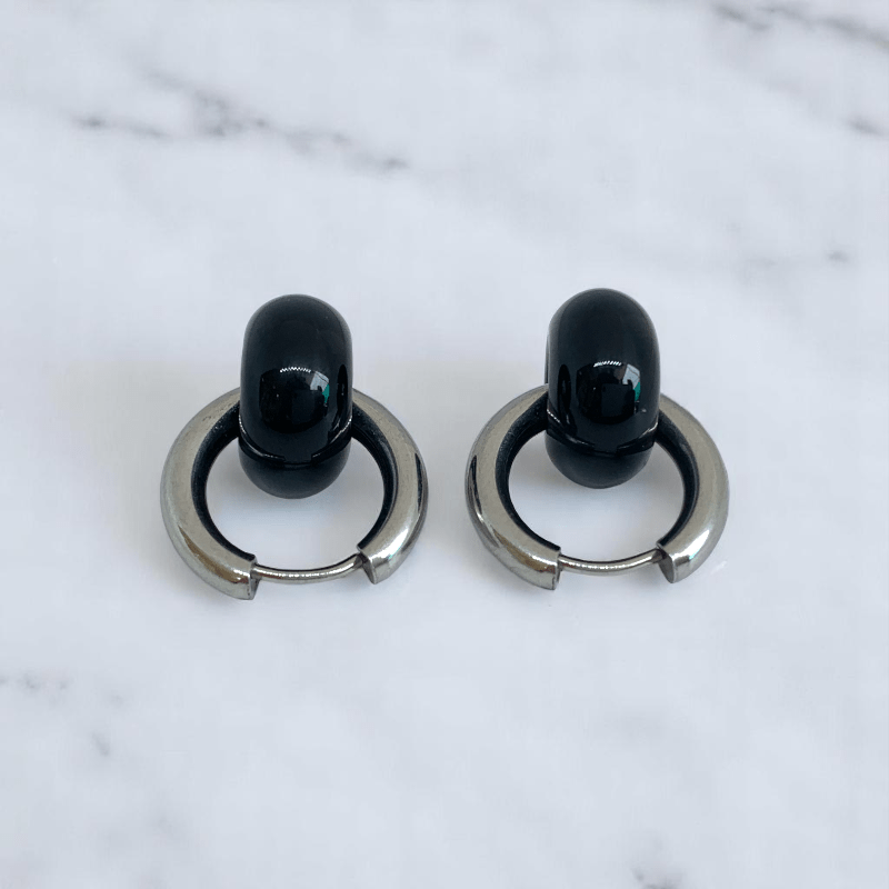 Midnight Loop Hoop Earrings | Onyx Stone & Silver PVD Plated - For Women | Includes: Earrings