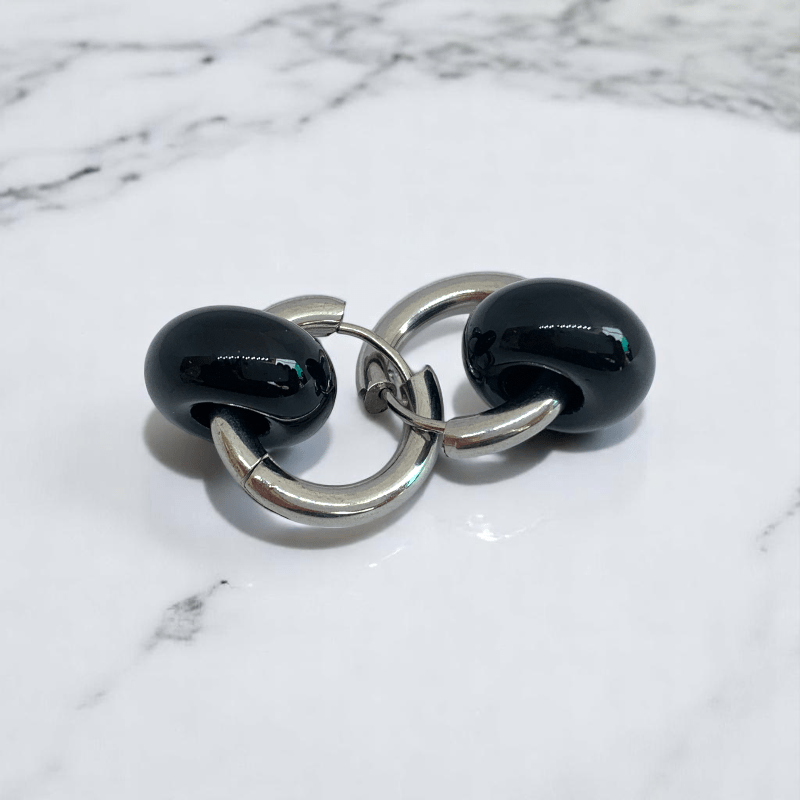 Midnight Loop Hoop Earrings | Onyx Stone & Silver PVD Plated - For Women | Includes: Earrings