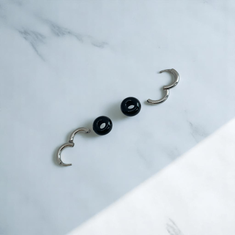 Midnight Loop Hoop Earrings | Onyx Stone & Silver PVD Plated - For Women | Includes: Earrings