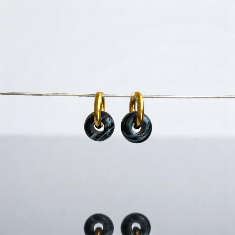 Golden Shadow Hoop Earrings | Onyx Stone & 18K PVD Gold Plated - For Women | Includes: Earrings