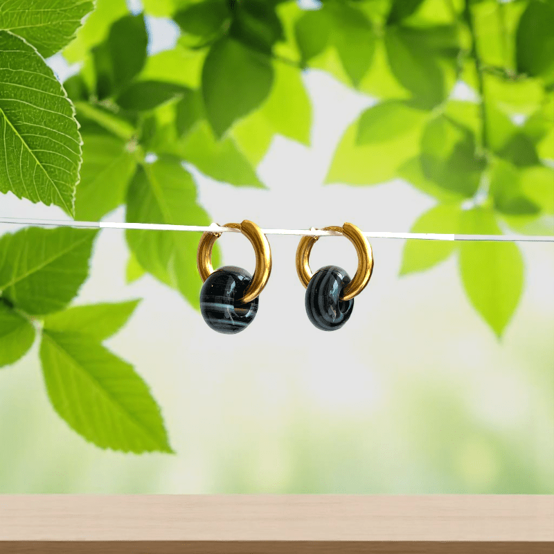 Golden Shadow Hoop Earrings | Onyx Stone & 18K PVD Gold Plated - For Women | Includes: Earrings