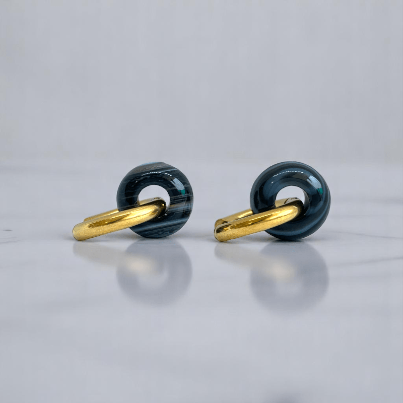 Golden Shadow Hoop Earrings | Onyx Stone & 18K PVD Gold Plated - For Women | Includes: Earrings