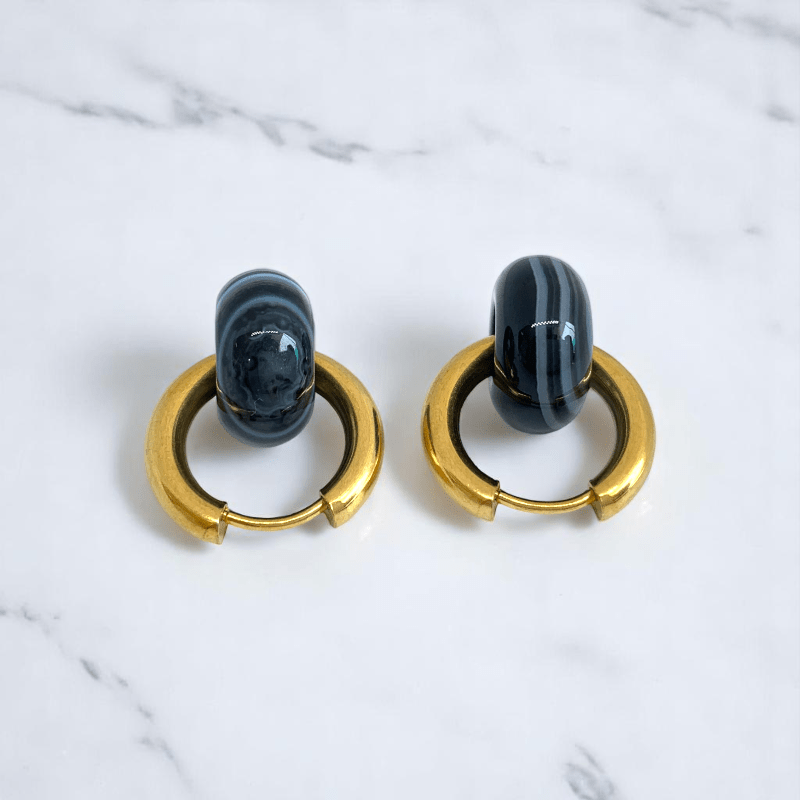 Golden Shadow Hoop Earrings | Onyx Stone & 18K PVD Gold Plated - For Women | Includes: Earrings